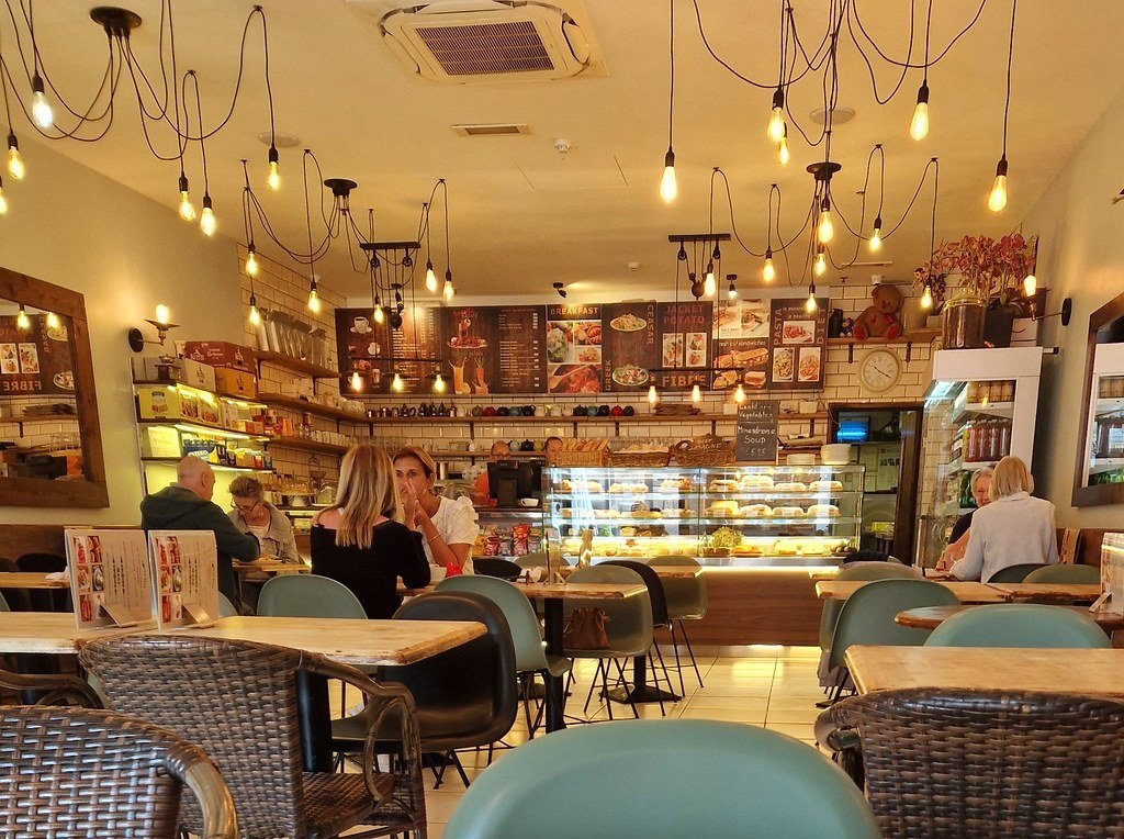 Cozy cafe interior with hanging lights