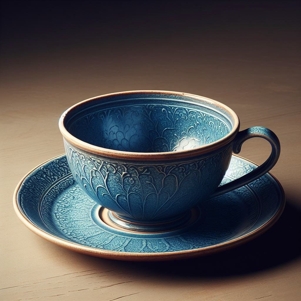 Blue patterned coffee cup on a saucer